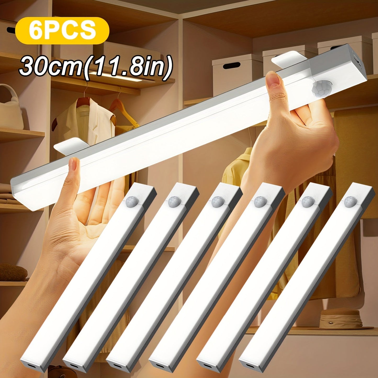 Smart LED Motion Sensor Lights 6 Pack – USB Rechargeable Magnetic Night Light Strips 3 Sizes, Detachable Cabinet Lights for Stairs, Shelves, Closet & Indoor Use