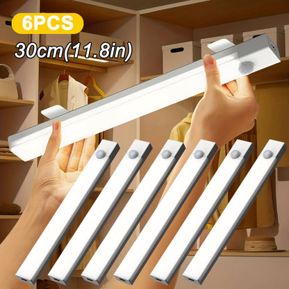 Smart LED Motion Sensor Lights 6 Pack – USB Rechargeable Magnetic Night Light Strips 3 Sizes, Detachable Cabinet Lights for Stairs, Shelves, Closet & Indoor Use