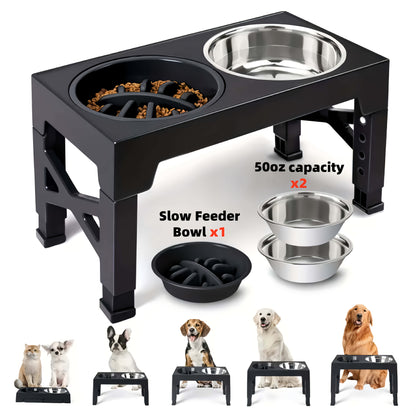 Height Adjustable Dog Bowl Stand with Slow Feeder & Stainless Steel Bowl – 5-Level Foldable Elevated Dog Food Bowl for Medium Large Dogs and Cats, Black & Pink