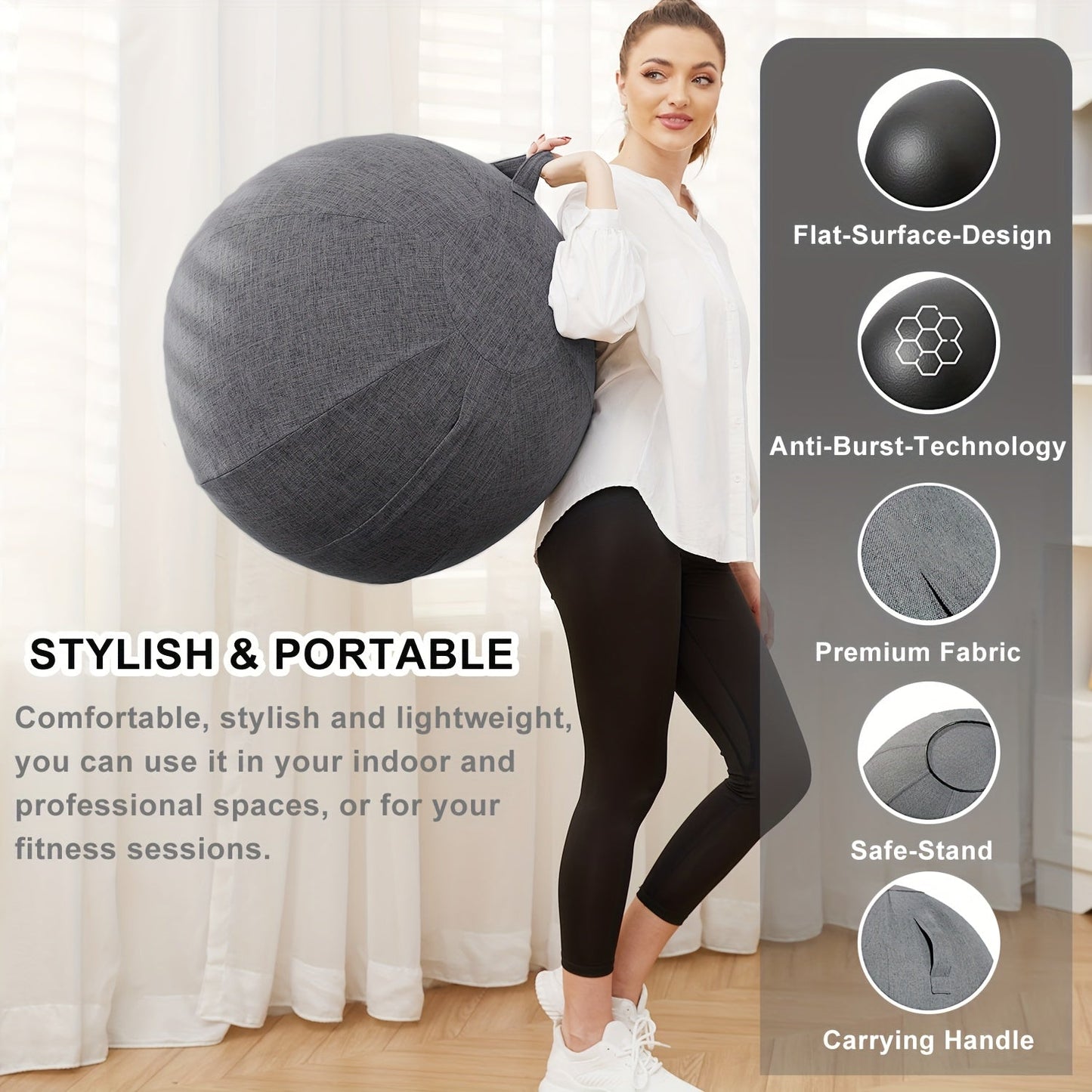 Exercise Ball Chair 65cm with Fabric Cover Anti-Burst Yoga Ball Seat for Home Office Desk Pilates Core Training Pregnancy Birthing Ball – Improves Posture & Relieves Back Pain, Grey & Black