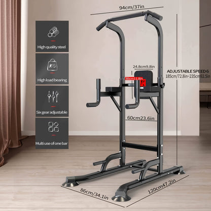 Adjustable Height Power Tower Dip Station – Multi-Function Pull Up Bar, Strength Training Workout Station for Home Gym – Black T055KX, No Backrest & Red T055CDU Models