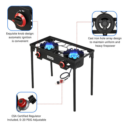 DR.CAMP Portable Propane Camping Stove – Heavy Duty Cast Iron Burner with Detachable Legs, Single & Double Burner Options, High Pressure Outdoor Gas Cooker for Camping, BBQ, Survival & Patio Cooking