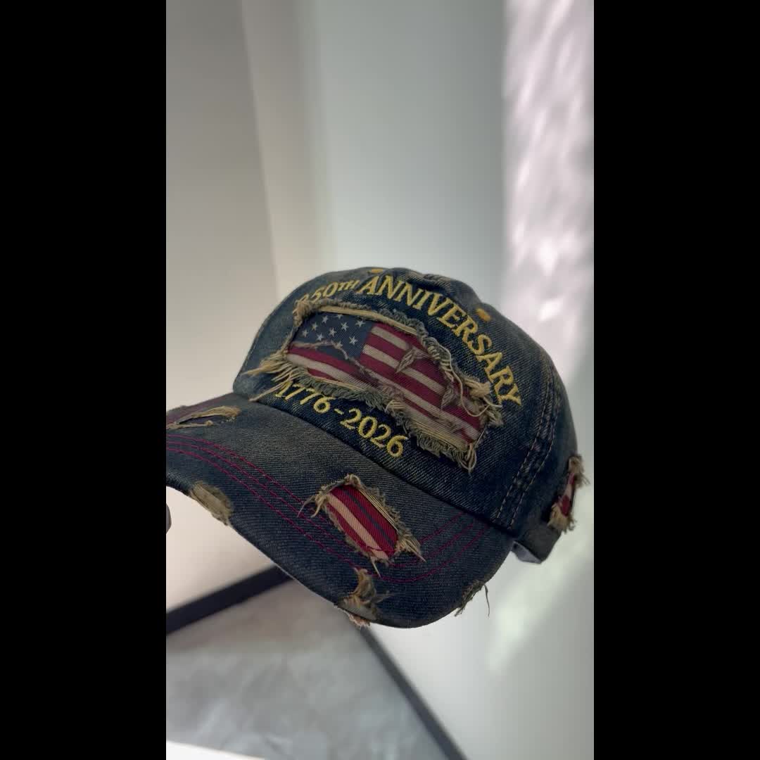 Patriotic Embroidered Distressed Denim Baseball Cap & Wristband Set – USA 250th Anniversary Independence Day Gift, American Flag Theme, Adjustable Unisex Hat for 4th of July Celebrations