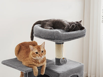 Multi-Level Cat Tree Tower 44-66 Inch with Hammock Sisal Scratching Posts Cozy Cave Perches Anti-Tilt Stable Cat Condo for Multi-Cat Families Kittens & Cats Gift
