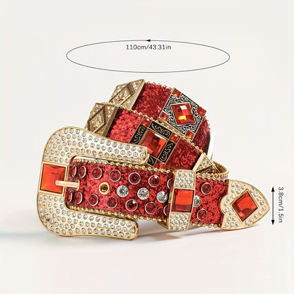 Rhinestone Punk Belt for Women - European American Style Rock & Roll Fashion Belt with Inlaid Rhinestones & Sequins, Zinc Alloy Golden Buckle, Glamorous Party Festival & Everyday Outfit Accessory