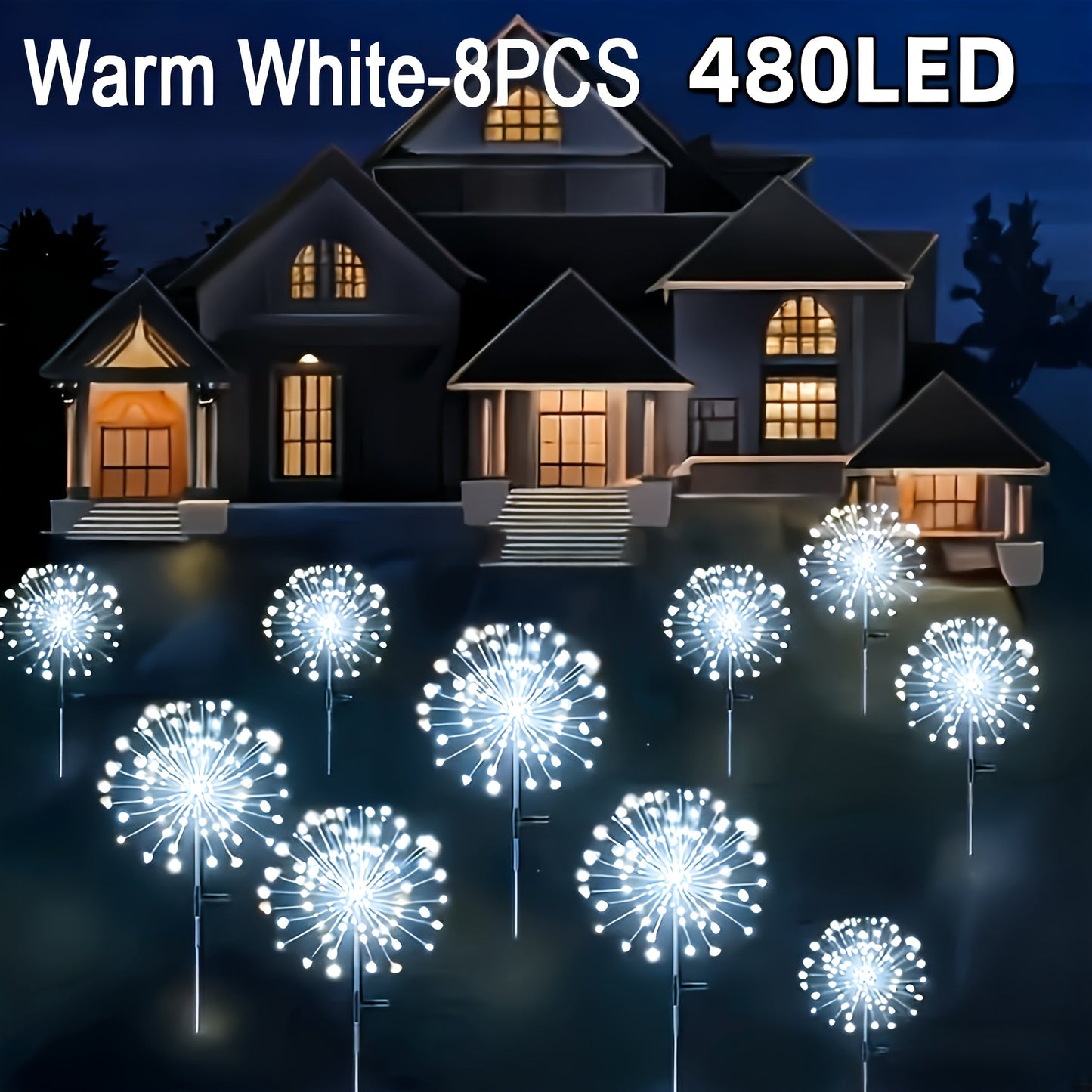 Solar Fireworks Lights Outdoor 240-640 LED Starburst Garden Stake Lights 8 Modes Waterproof Dusk to Dawn Auto On/Off – 4 Pack & 8 Pack for Christmas Yard Patio Wedding Lawn Decor Warm White Cool White Multicolor