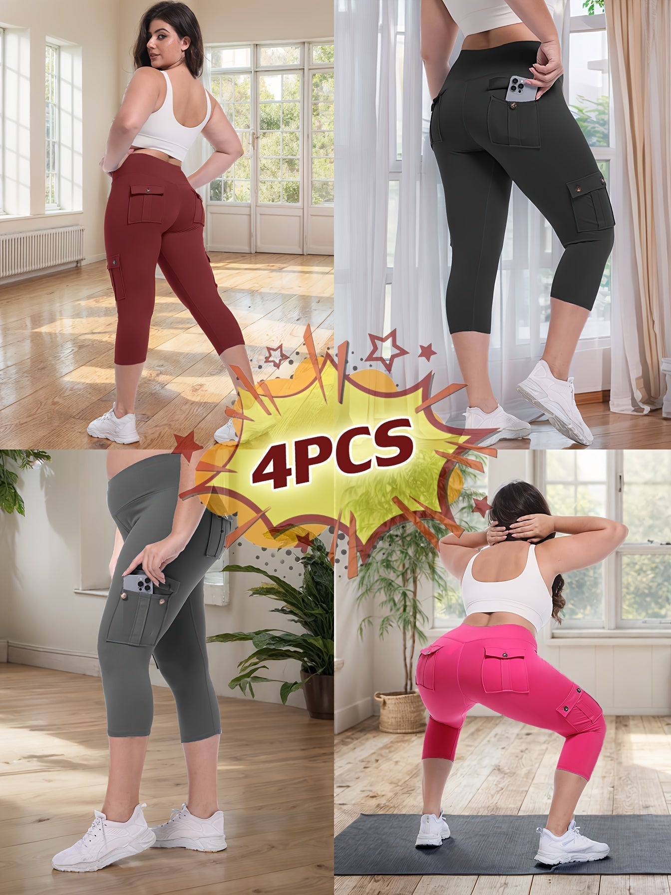 Women's High Waist Yoga Capri Pants 4-Pack 4-Way Stretch Butt Lifting Tummy Control 4 Pockets - Workout Running Sports Leggings S-XXL All Season