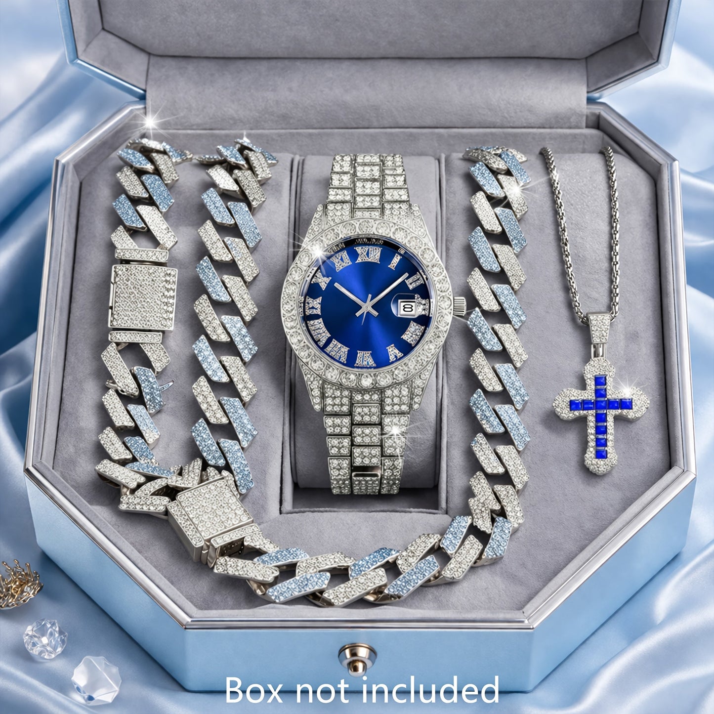 Cuban Link Hip Hop Jewelry Set for Men & Women – Necklace Pendant Bracelet & Blue Dial Watch, Unisex Streetwear Bling, Gold & Silver Tone, Party Daily Gift