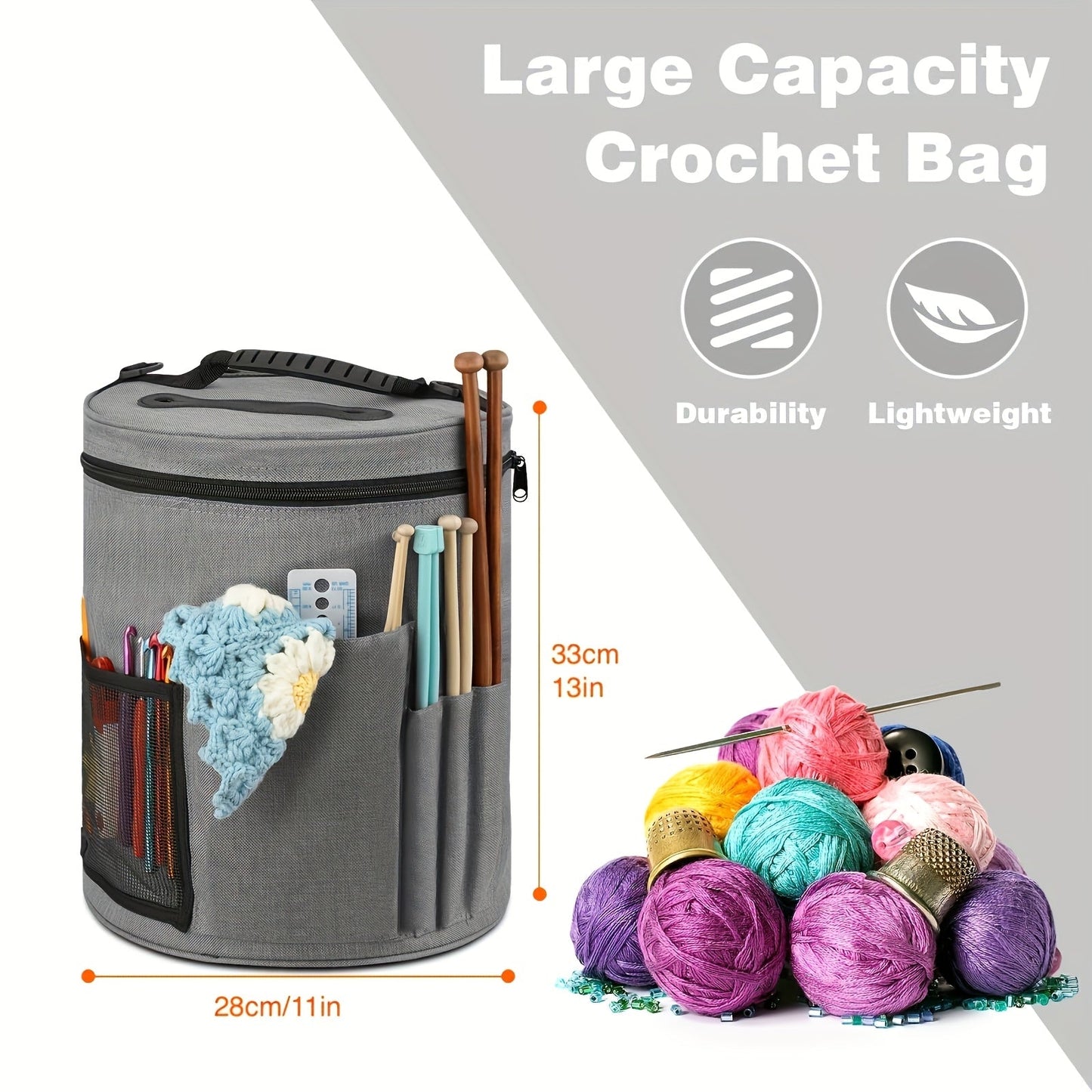 Crochet Bag Yarn Storage Organizer with Front Pocket – Spacious Knitting Tote for Yarn, Hooks & Needles, Sturdy & Lightweight, Available in Grey, Purple & Dark Pink