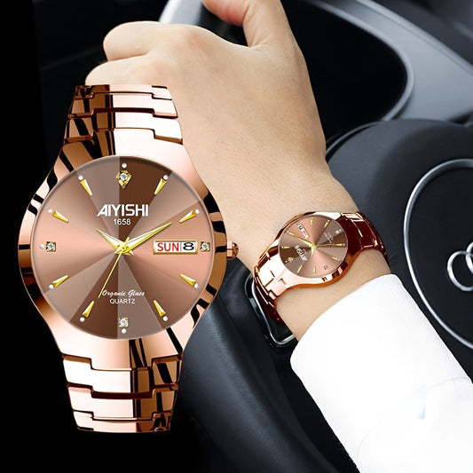Men's Luminous Quartz Business Watch with Dual Date Calendar – Elegant Zinc Alloy Case, Simple Trend Design, Dress & Casual Wear