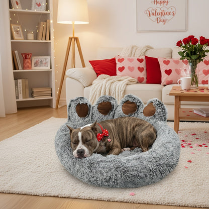 Bear Paw Shaped Donut Dog Bed & Cat Bed – Calming Warm Soft Plush Round Pet Mattress with Bonus Pet Scarf S M L XL 2XL Coffee Pink Grey Brown for Small Medium Large Dogs Cats