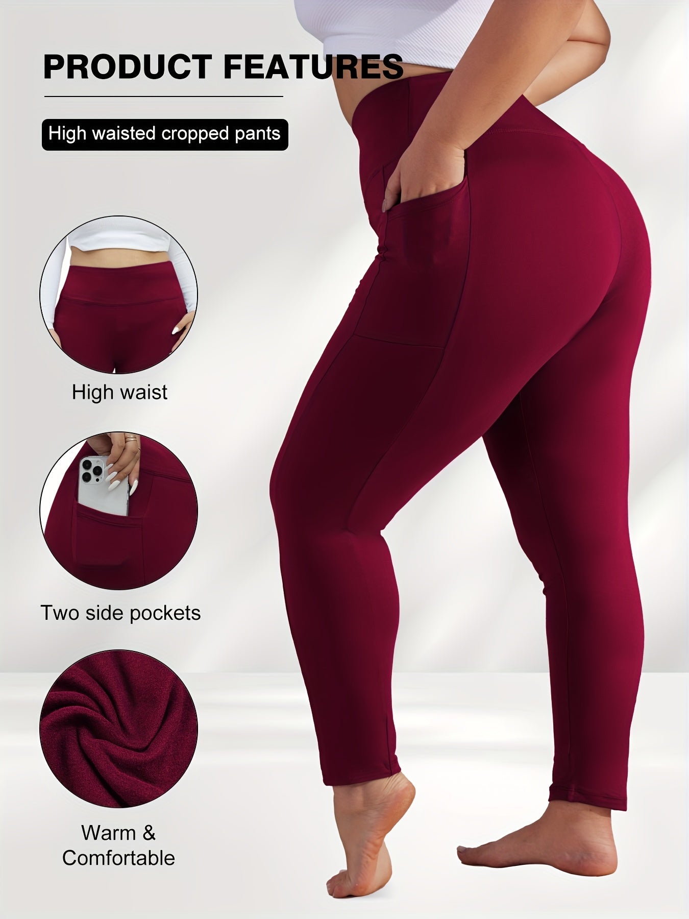 Women's Plus Size Yoga Pants with Pockets – High-Waist Fleece-Lined Warm Leggings for Fall & Winter, Tight-Fitting Elastic Sports Base Layer Pants, Sizes 1XL-5XL in Black, Gray, Burgundy & Navy