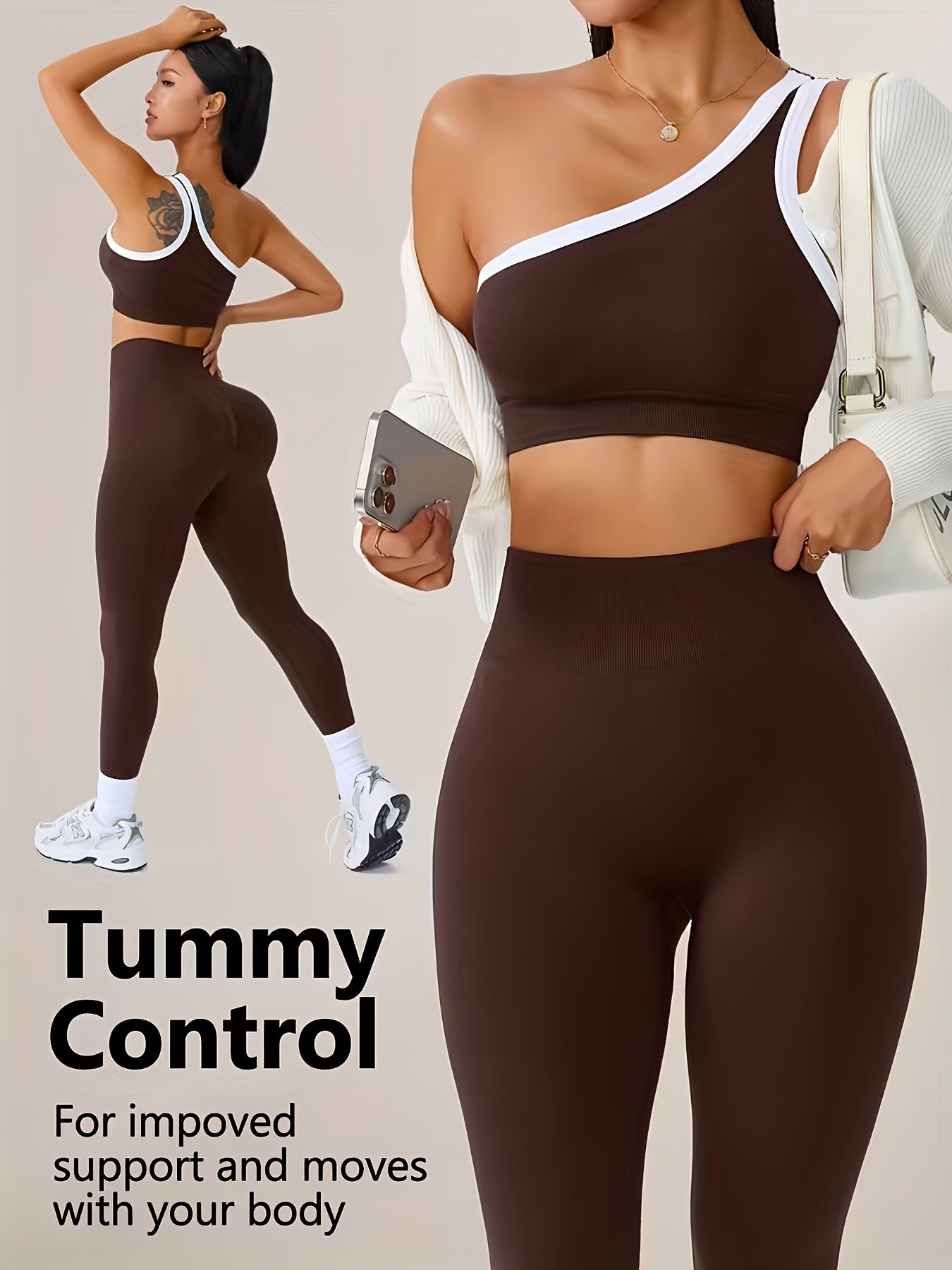 Women's 2-Piece High-Waisted Butt-Lifting Leggings & Sports Bra Set – 90% Polyamide Stretchy Minimalist Yoga Running Workout Outfit with Camisole Top, Solid Color, S-XL