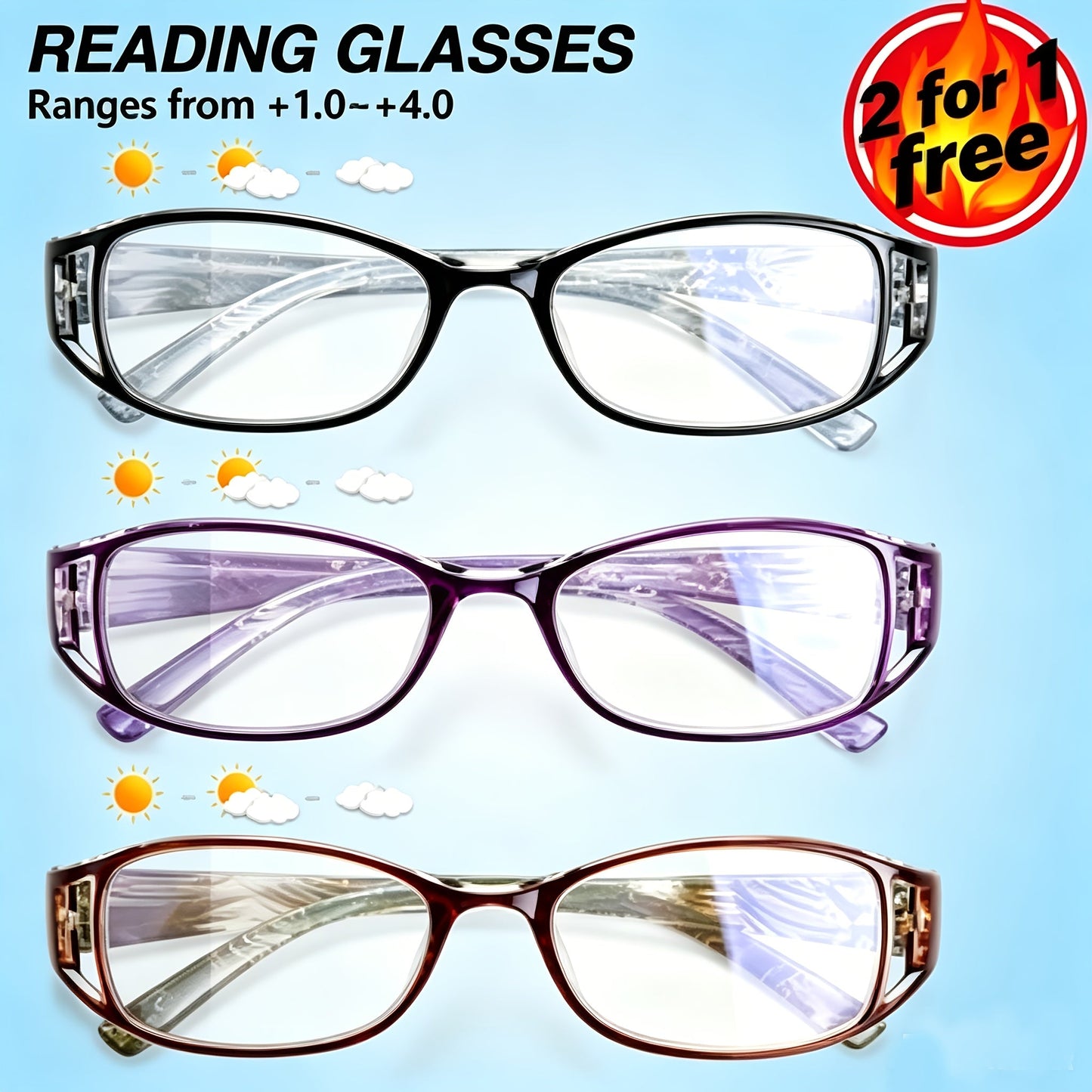 3-Pack Women's Reading Glasses Ultra-Light Flower Skeleton Frame Ladies Presbyopia Readers Stylish Combo Set Strengths +1.00 to +4.00 Super Value Multi-Pair Gift for Women