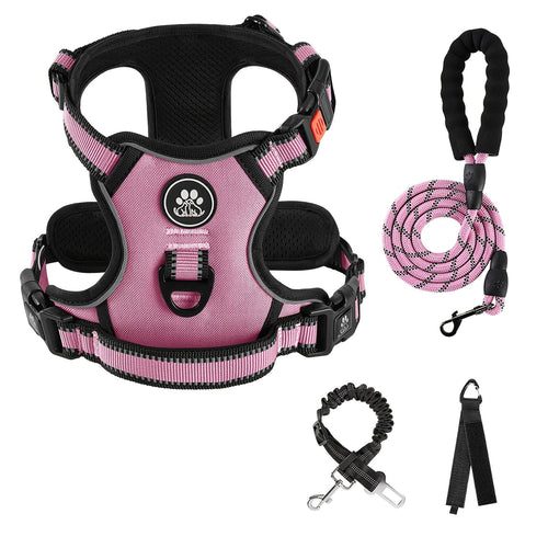 No Pull Dog Harness Set with Leash Retractable Seatbelt & Collar – Fully Reflective Adjustable Breathable Vest Harness with Handle for Small & Large Dogs XS–XL