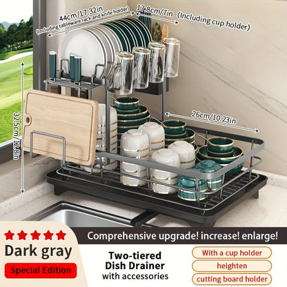 2-Tier Metal Dish Drying Rack with Cutlery Holder, Cup Holder & Rust-Proof Drip Tray – Space-Saving Countertop Dish Drainer for Kitchen Organization, Durable Steel Dish Rack for All Countertop Types