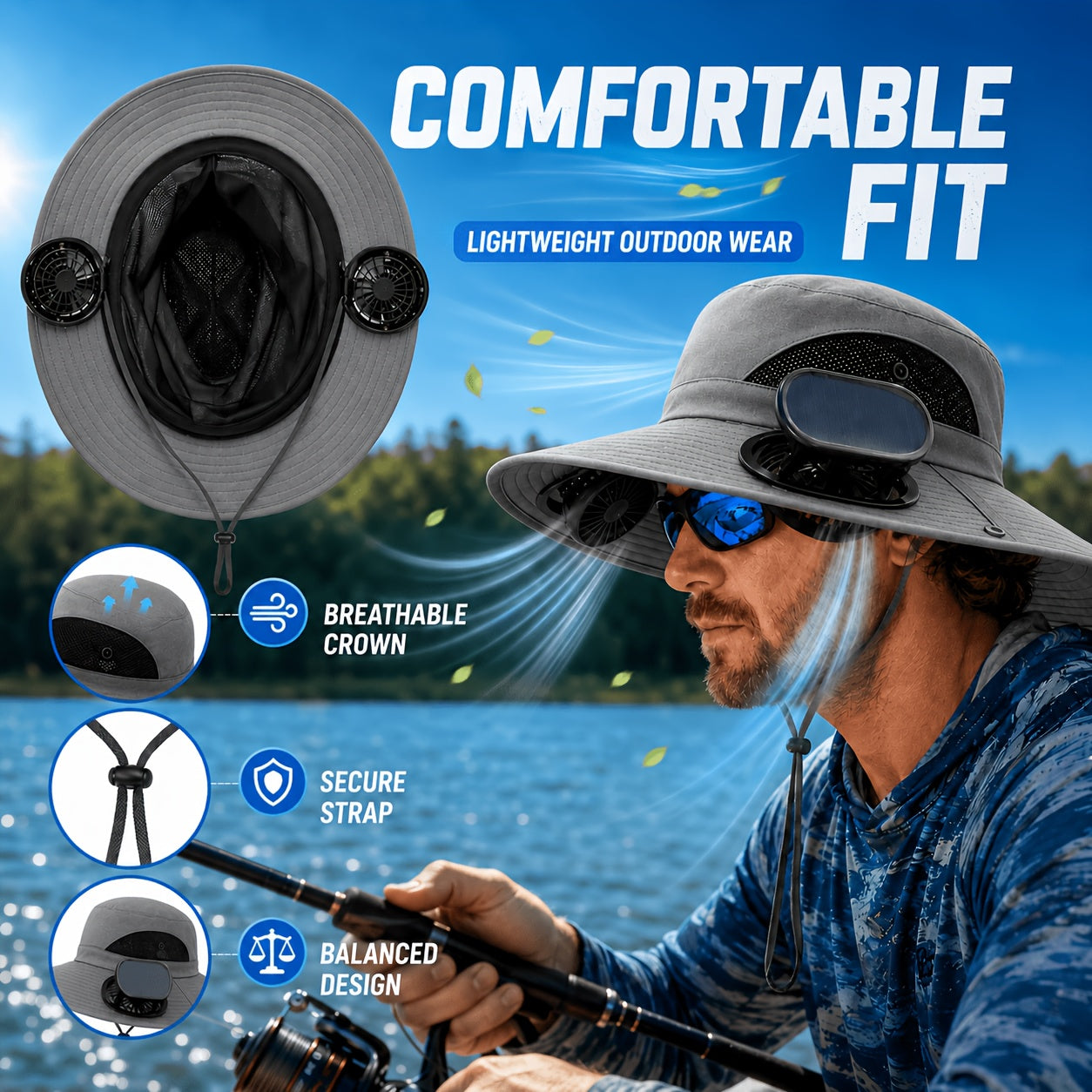 Solar Fan Hat for Men & Women – Wide Brim Sun Hat with Dual Cooling Fans Adjustable Airflow & UV Protection for Summer Travel Gardening Hiking Camping & Yard Work