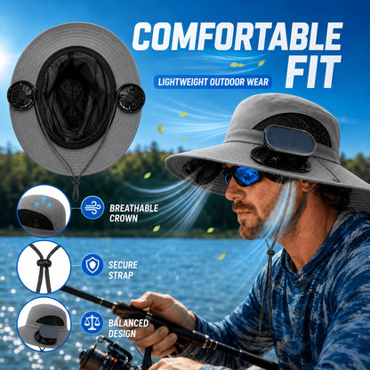 Solar Fan Hat for Men & Women – Wide Brim Sun Hat with Dual Cooling Fans Adjustable Airflow & UV Protection for Summer Travel Gardening Hiking Camping & Yard Work
