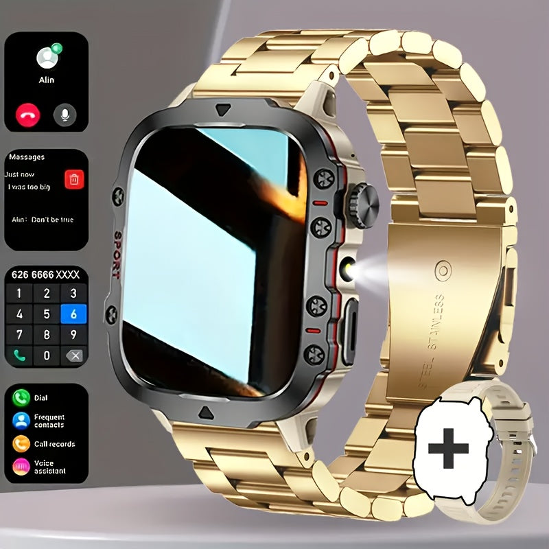 Men's Outdoor Smart Watch 1.81 Inch HD Touchscreen Wireless Calling LED Multiple Sports Modes USB Charging Fitness Tracker Compatible with Android iPhone Silicone Stainless Steel Band Black Gold