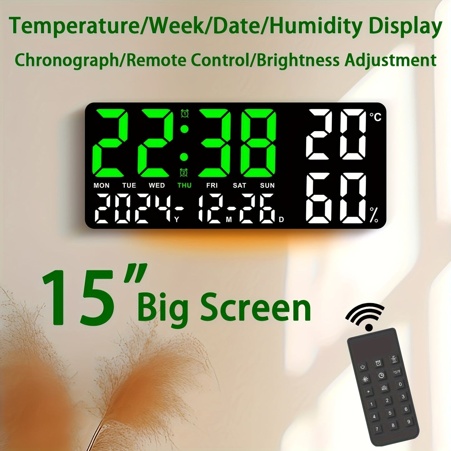 Large Screen LED Alarm Clock 15 Inch Auto-Dimming with Remote Control | Digital Clock Time Date Week Temperature Humidity Timer | Bedroom Bedside Senior-Friendly Living Room Office Desk