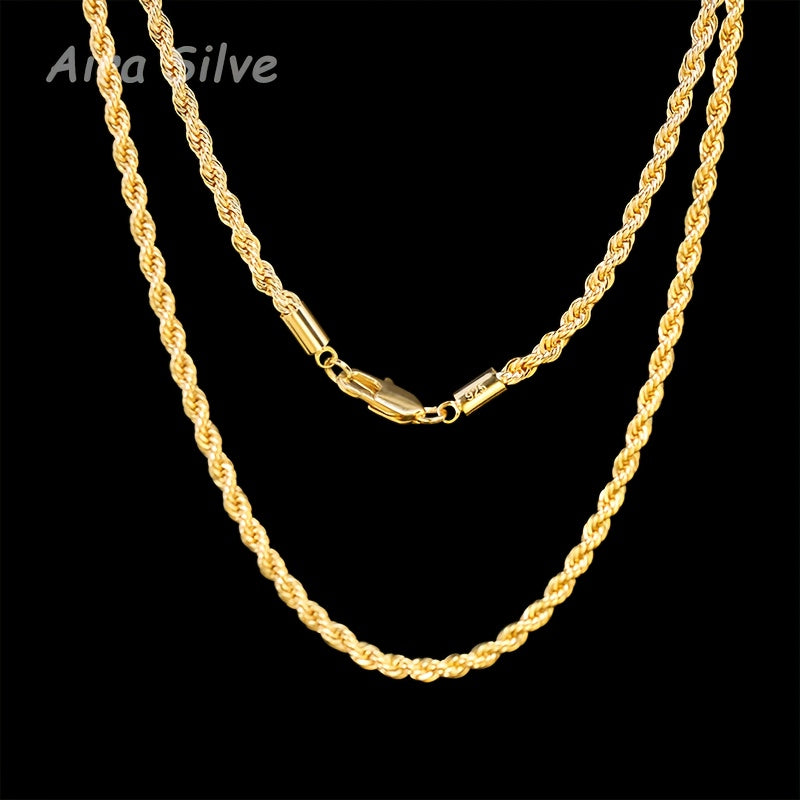 925 Sterling Silver 18K Gold Plated Rope Chain Necklace 2.8mm Braided Cut Chain for Men and Women Unisex Minimalist Necklace Sizes 18 to 34 Inch with Gift Box Anniversary Birthday Holiday Gift