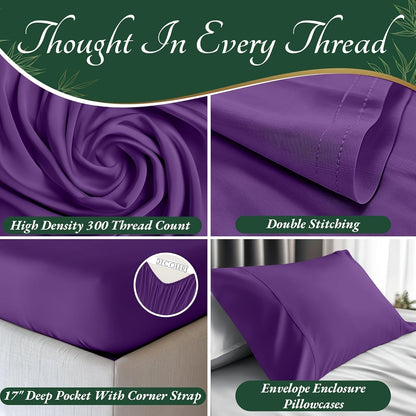 Cooling Bamboo Bed Sheets Set 6-Piece Ultra Soft 17 Inch Deep Pocket Double Stitching Cooling Fiber for Hot Sleepers – Twin Full Queen King in 16 Colors