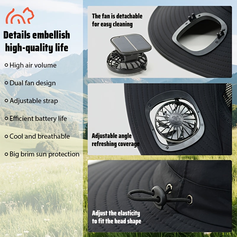 Solar Fan Hat with Dual Fans & USB Charging for Men & Women – Wide Brim Cooling Cap with Long Battery Life for Camping, Hiking, Fishing, Gardening & Outdoor Activities, Black, Dark Gray & Khaki