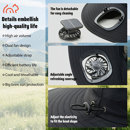 Solar Fan Hat with Dual Fans & USB Charging for Men & Women – Wide Brim Cooling Cap with Long Battery Life for Camping, Hiking, Fishing, Gardening & Outdoor Activities, Black, Dark Gray & Khaki
