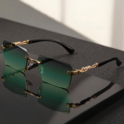 Unisex Luxury Frameless Sunglasses with Leopard Arms - UV400 Narrow Rectangular Lens Black & Gold Fashion Eyewear for Men & Women, Includes Protective Case & Cleaning Cloth for Driving Travel & Parties