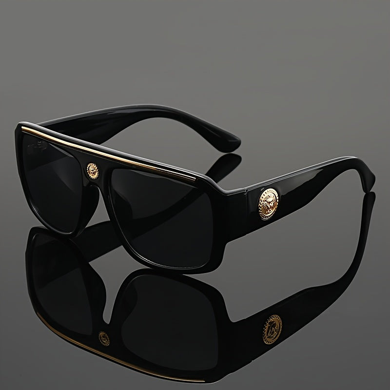 Cyberpunk Oversized Square Sunglasses for Men – Extra Large Frame 139mm+, Black & Gold Metal Trim, Decorative Lens, Futuristic Street Fashion & Cosplay Eyewear
