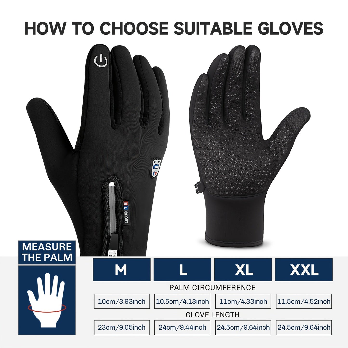 Windproof Waterproof Winter Sports Gloves with Touchscreen & Anti-Slip Grip – Warm Cycling Skiing Gloves for Men & Women, 100% Polyester, Zipper Closure, Sizes M-XL