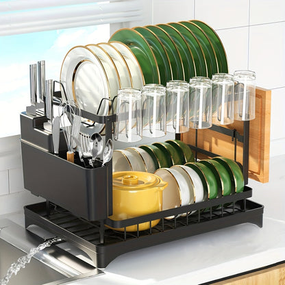 2-Tier Dish Drying Rack with Drainboard for Kitchen Counter – Large Capacity Metal Dish Drainer with Drain Tray, Organizer for Plates, Cups & Utensils, Available in Black, White & Gray