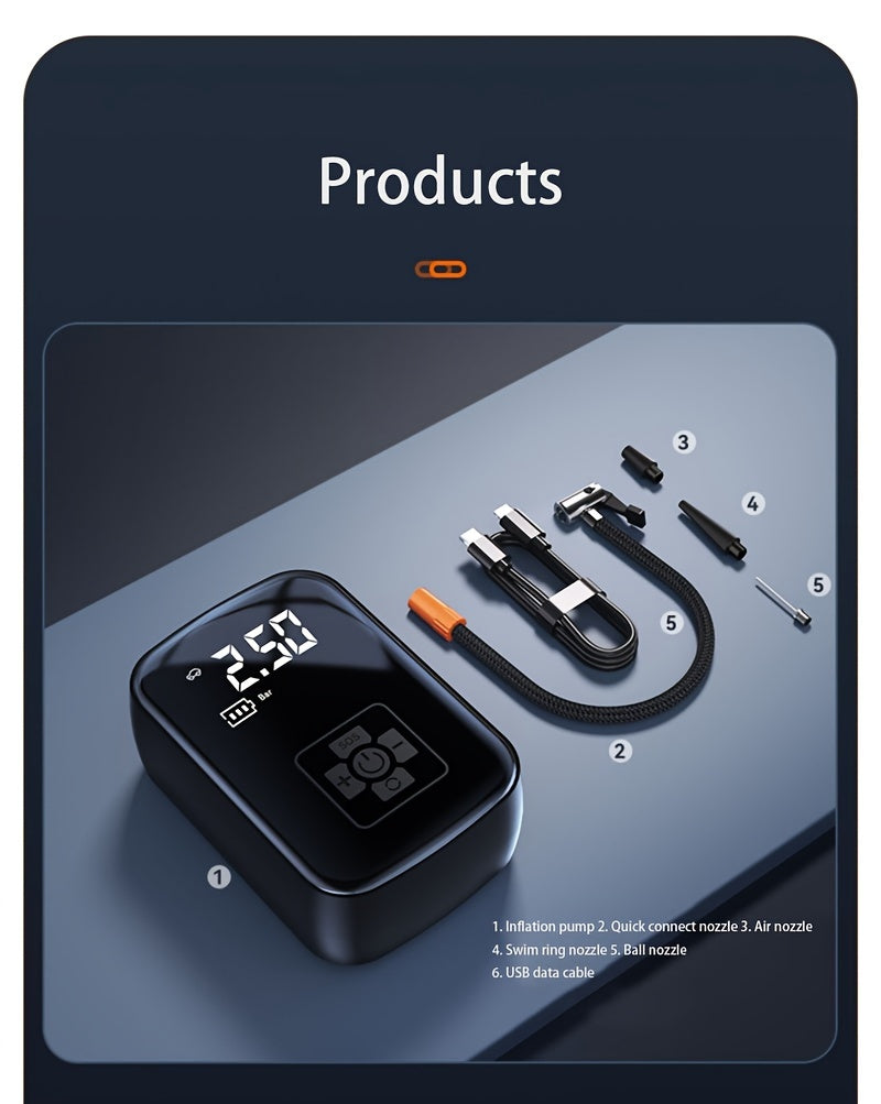 Portable Tire Inflator 100W Cordless Air Pump 4000mAh Battery 30-Second Inflation 5 Modes Digital PSI Display Type-C Charging LED Light Multi-Nozzle for Car Motorcycle Bicycle Ball