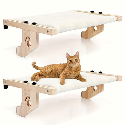 Premium Wooden Cat Perch & Hammock – Heavy-Duty 40 lbs Load Bearing, Multi-Location Mount for Window, Wall & Cabinet, Extra-Wide Platform with Plush Pad, Safe for Large Cats
