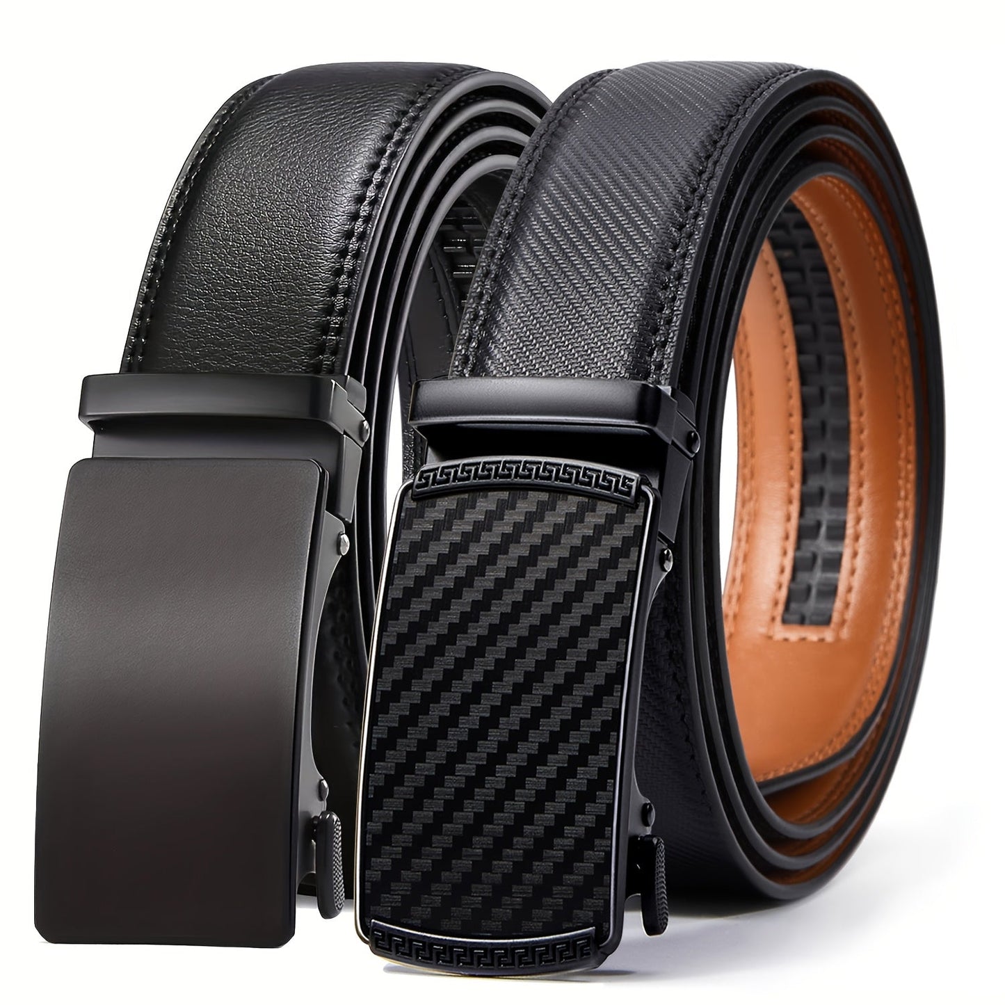 Men's Ratchet Belt 2 Pack Leather – Trim-to-Fit Adjustable Dress and Casual Belt for Men Waist 28" to 52" Black Brown Tan Navy Blue Gift