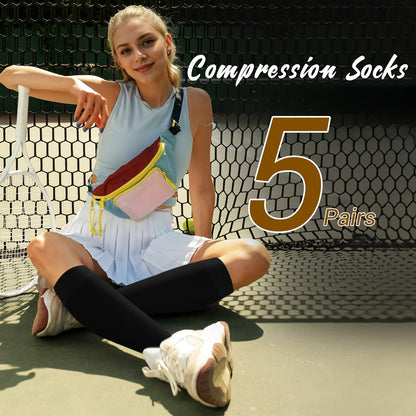 5 Pairs Copper Compression Socks for Women & Men – Black Athletic Support Socks for Running Hiking Cycling Travel, Sizes M-XL, Circulation & Pain Relief Compression Stockings