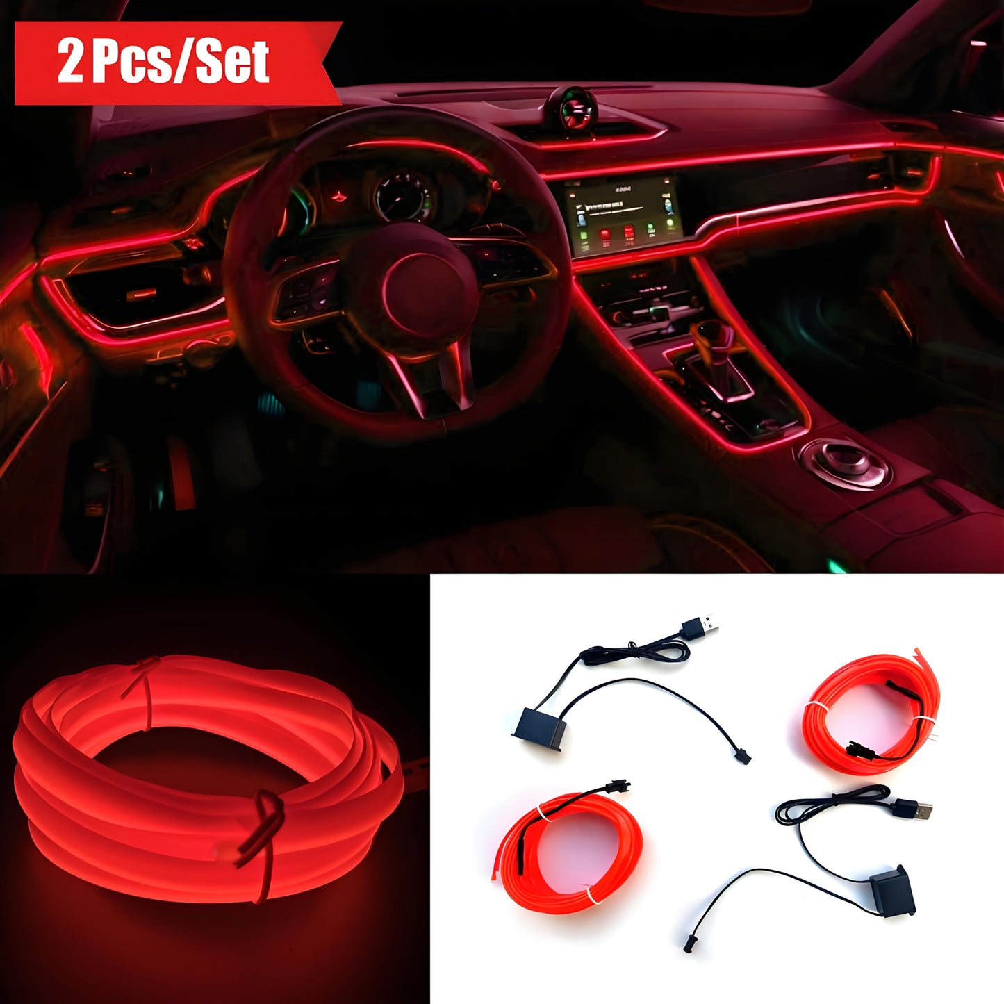 Car LED Strip Lights 16.4ft USB Neon EL Wire Interior Ambient Lighting Kit – 2 Sets, 7 Colors, Plug-and-Play, Universal Fit for Car Truck SUV RV, Great Gift for Car Lovers
