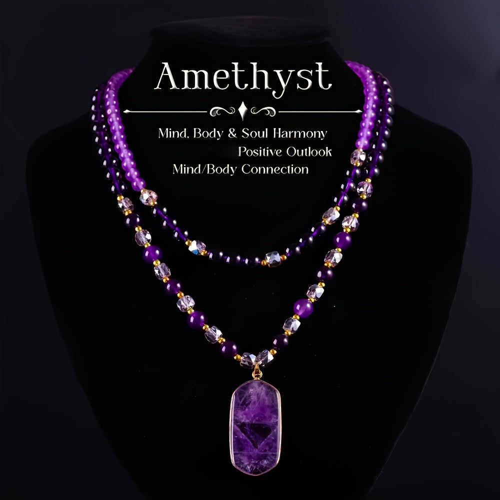 2-Pack Bohemian Natural Amethyst Double Layer Necklace Purple Stone Crystal Pendant Women Vintage Handcraft Mother's Day Birthday Gift