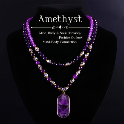 2-Pack Bohemian Natural Amethyst Double Layer Necklace Purple Stone Crystal Pendant Women Vintage Handcraft Mother's Day Birthday Gift