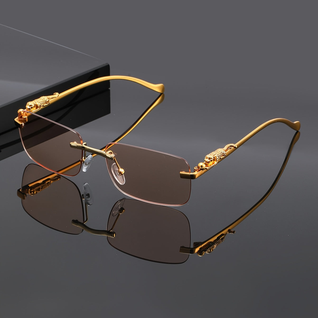 Leopard Print Frameless Square Sunglasses for Men Women – Gold Frame with Case & Cleaning Cloth, Champagne White Gray Lens, Trendy Unisex Eyewear for Casual Outfits, Parties & Photo Props