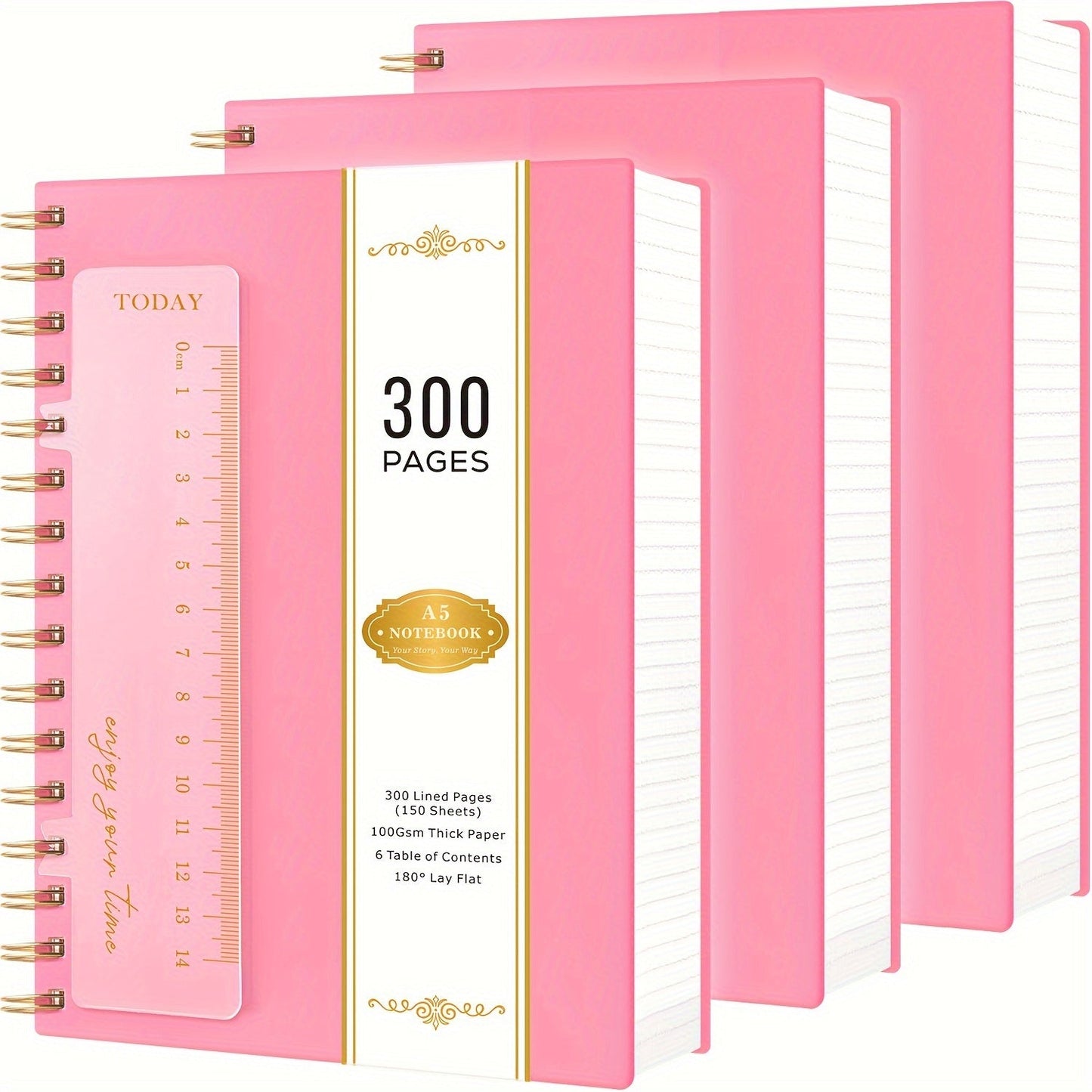 Spiral Notebook 3 Pack A5 Hardcover College Ruled Journal Set, 300 Pages 100GSM Thick Paper, PVC Cover Notepad for Women Girls Students, 5.7" x 8.4" with Ruler
