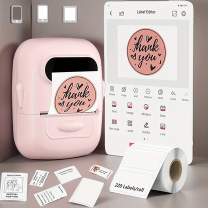 Wireless Thermal Label Maker – No Ink Required, Multiple Templates, Bluetooth Label Printer for Storage Organization Home Office School Supplies, Pink White Blue