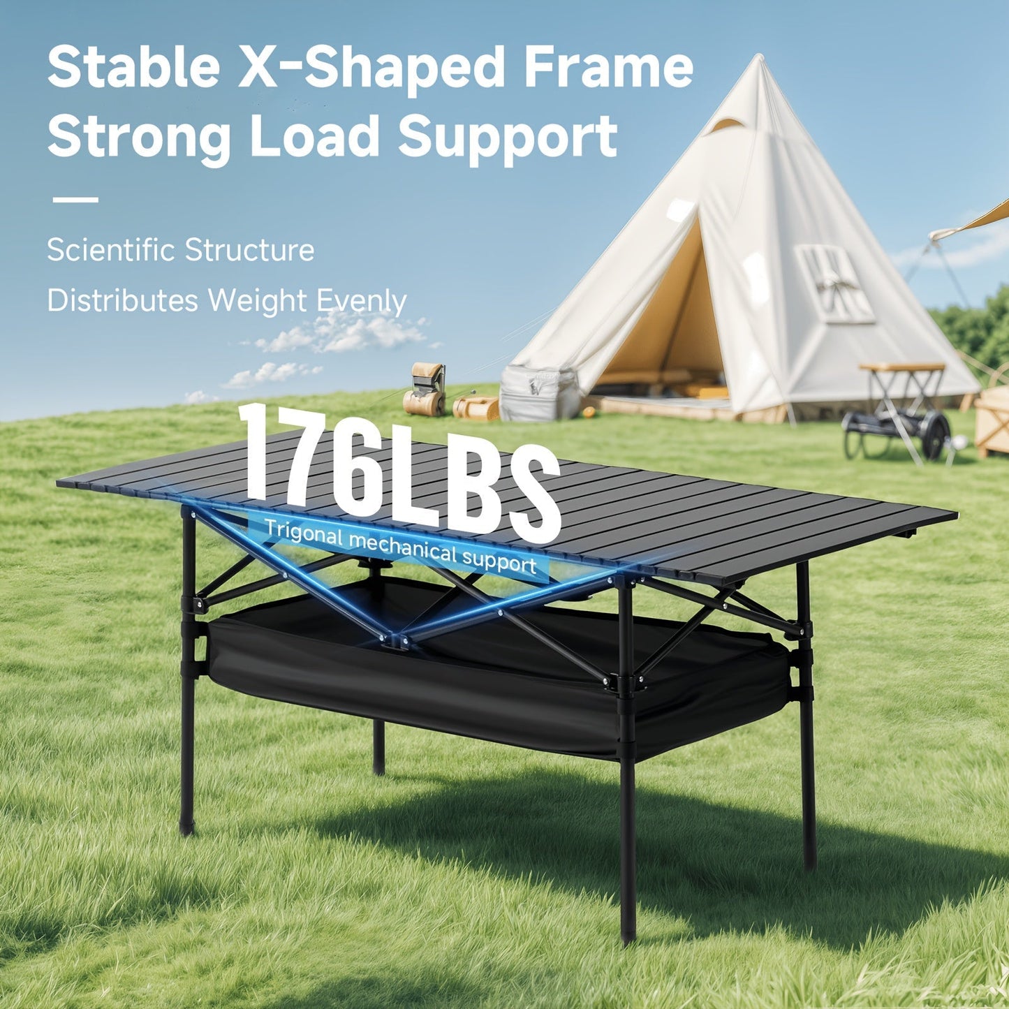 Portable Folding Camping Table Aluminum Lightweight Outdoor Picnic Table with Mesh Storage Bag & Carry Bag – Height Adjustable 37.4", Easy to Store, for Camping, Beach, Backyard, BBQ, Party & Patio