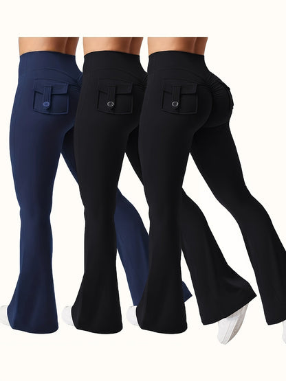 Women's 3-Piece High Waist Flare Yoga Pants Set with Belt and Pockets, Scrunch Butt Lifting Squat Proof 90% Polyester Stretchy Flared Leggings for Workout Gym Running Casual Wear