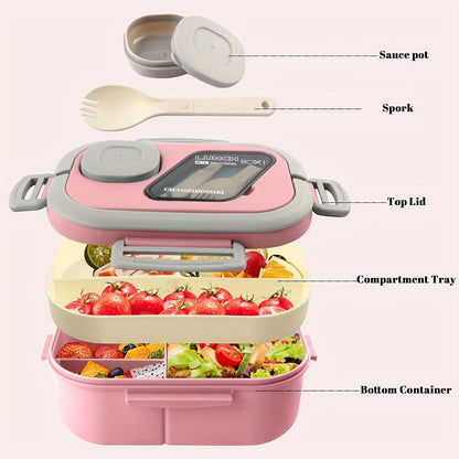 2-Layer Bento Lunch Box Set with Cup & Insulated Lunch Bag – Multi-Grid Leakproof Food Container for School, Office & Picnic, Choose Salad, Coffee, Milk or Soup Cup, Pink Green Blue White