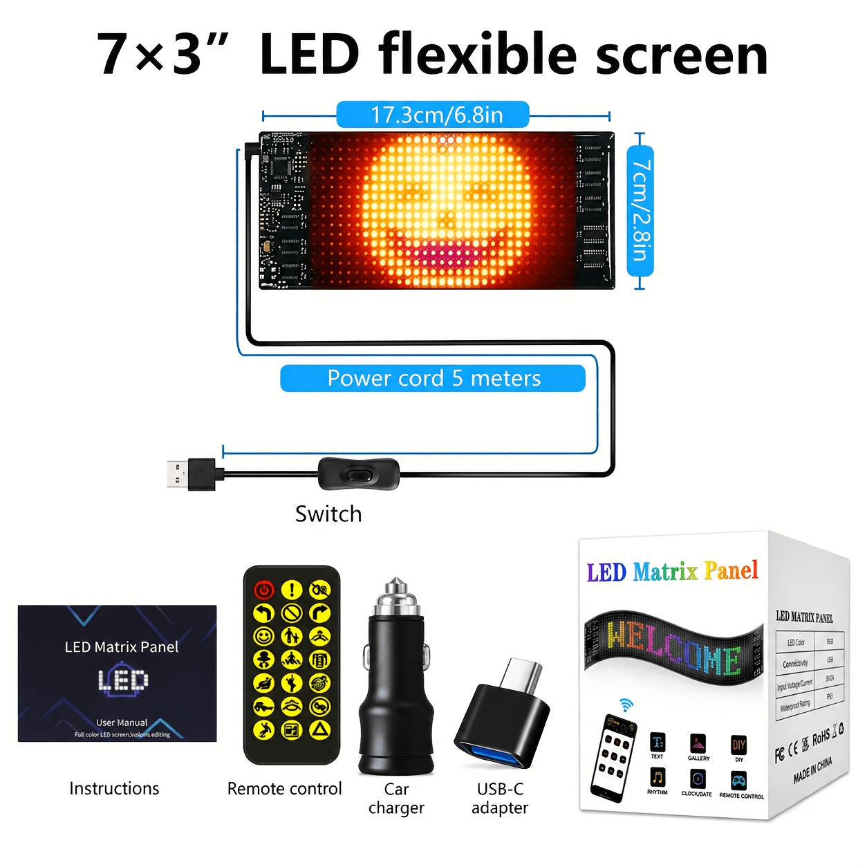 LED Scrolling Sign App Programmable – Animated Text Display Board, USB Powered, Car Charger Included, Multiple Sizes, Perfect for Bar, Party, Car, Christmas, New Year & Birthday Decorations