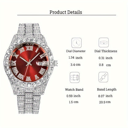 4pcs Rhinestone Watch & Cross Pendant Jewelry Set Quartz Analog Wrist Watch Necklace Bracelet Earrings Unisex Gift for Him Her Wedding