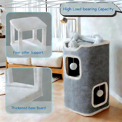 Foldable Multi-Level Cat Tree Tower for Indoor Cats - Scratch-Resistant Cat House with Cozy Top Bed Hideaway and Bell Balls, 1 to 3 Layers Cat Furniture for Climbing Playing and Resting