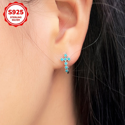 925 Sterling Silver Blue Turquoise Cross Dangle Earrings for Women – Hypoallergenic Boho Vintage Drop Earrings, Synthetic Inlay, Elegant Gift for Valentine's Day Birthday Anniversary