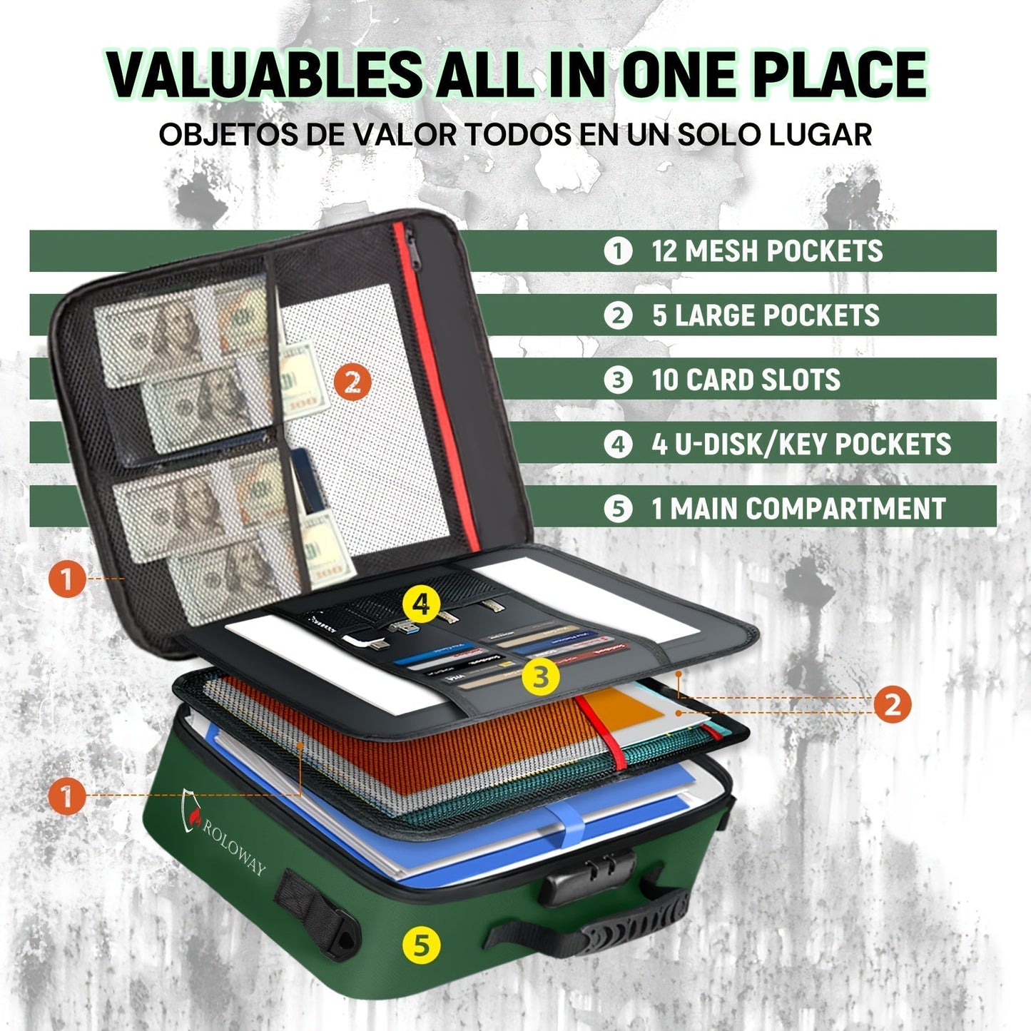 Fireproof Document Bag with Combination Lock & Reflective Strip – 17x11.8x5 Inch Multi-Layer File Organizer for Passports Cash Cards Certificates A4 Legal Size Documents Home Office Travel Safety